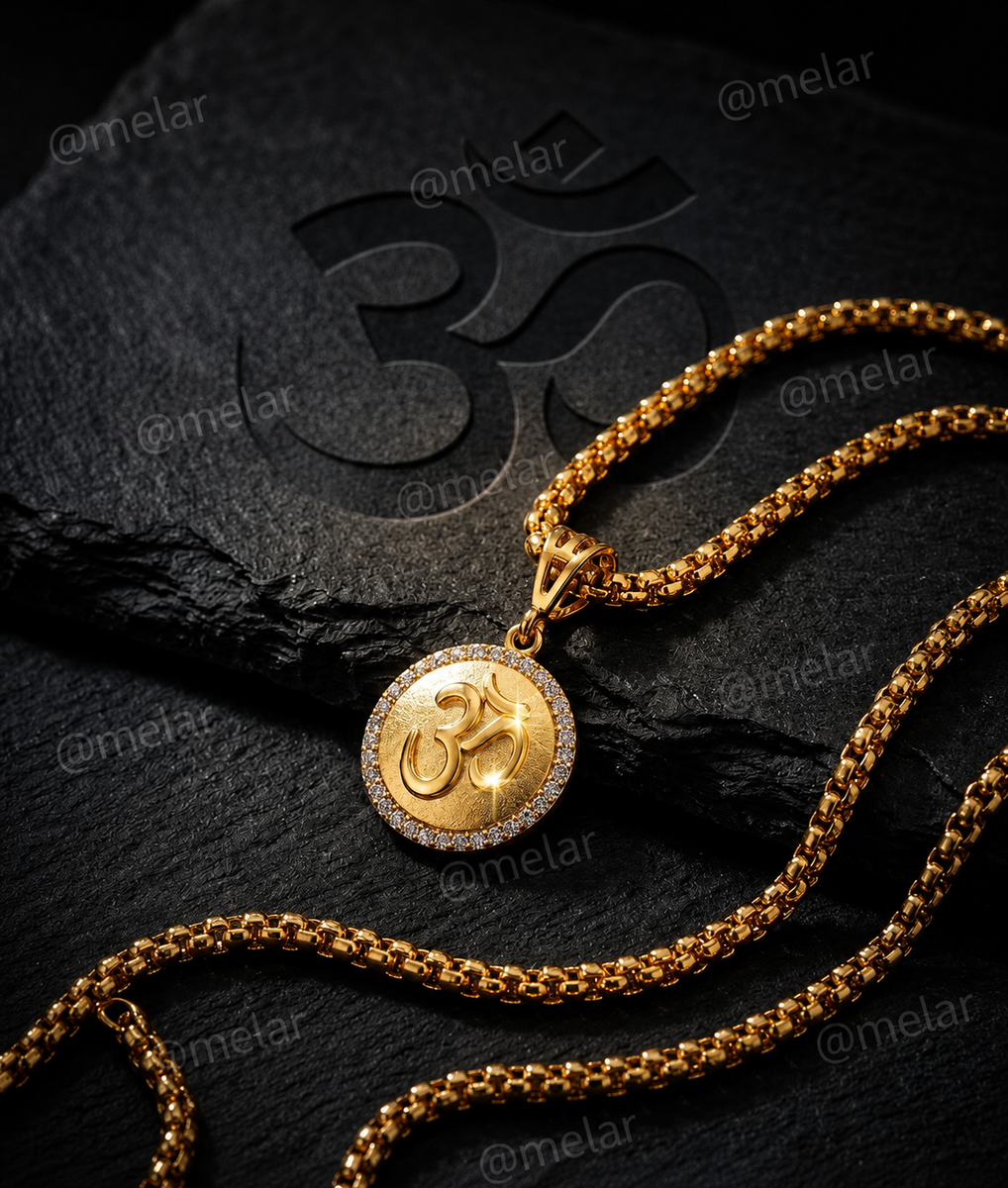 Om Round Gold Plated Pendant Chain with CZ Stones