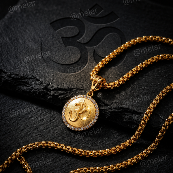 Om Round Gold Plated Pendant Chain with CZ Stones