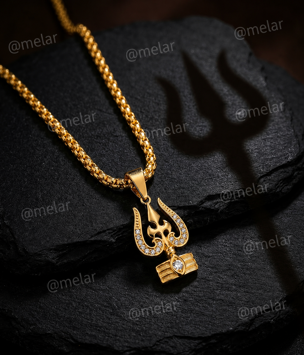 Mahadev Trishul Damru Gold Plated Pendant Chain with CZ Stones