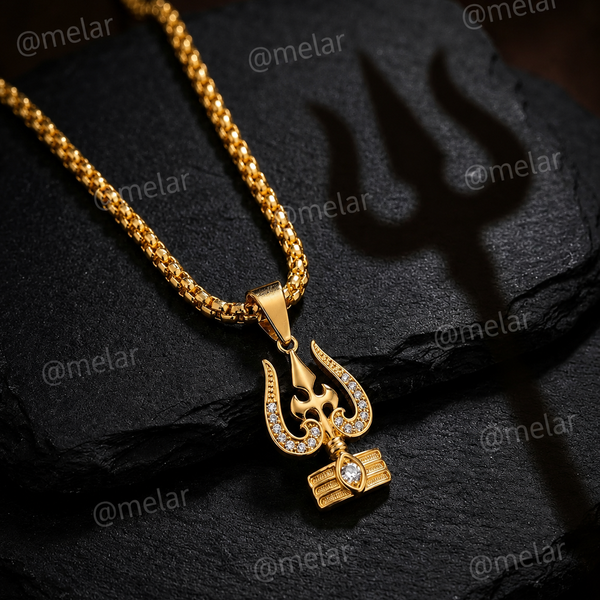 Mahadev Trishul Damru Gold Plated Pendant Chain with CZ Stones