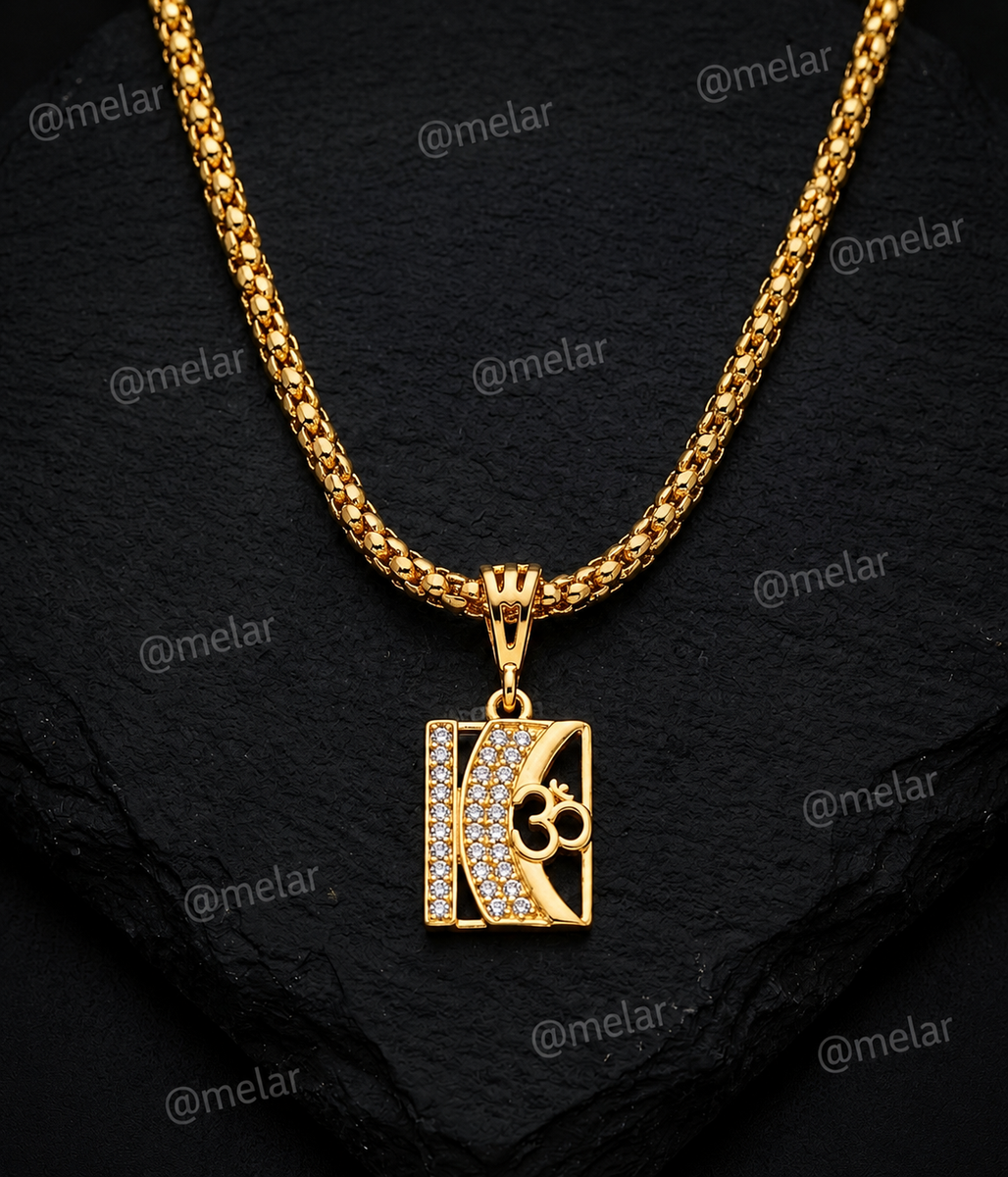 Om Rectangular Gold Plated Pendant Chain with CZ Stones