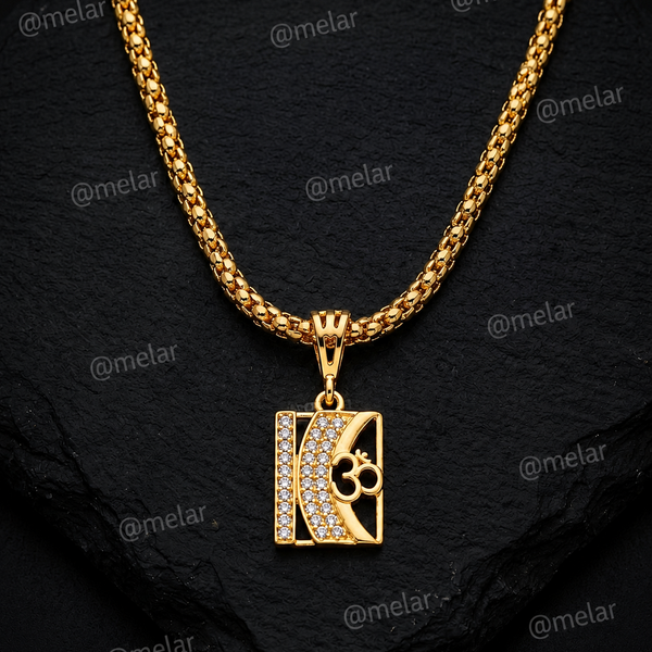 Om Rectangular Gold Plated Pendant Chain with CZ Stones