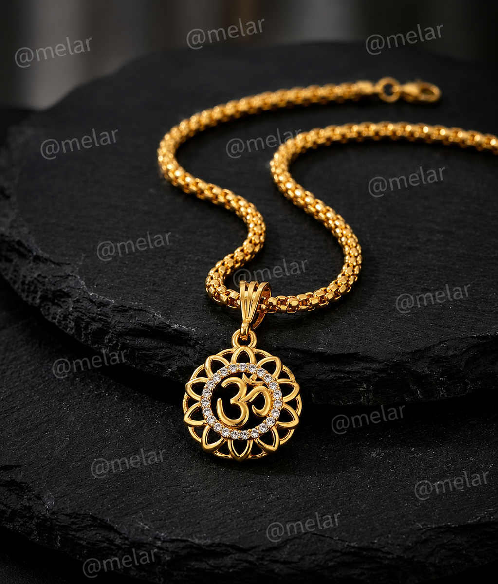 Om Lotus Gold Plated Pendant Chain with CZ Stones
