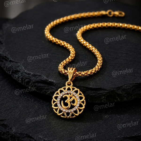 Om Lotus Gold Plated Pendant Chain with CZ Stones