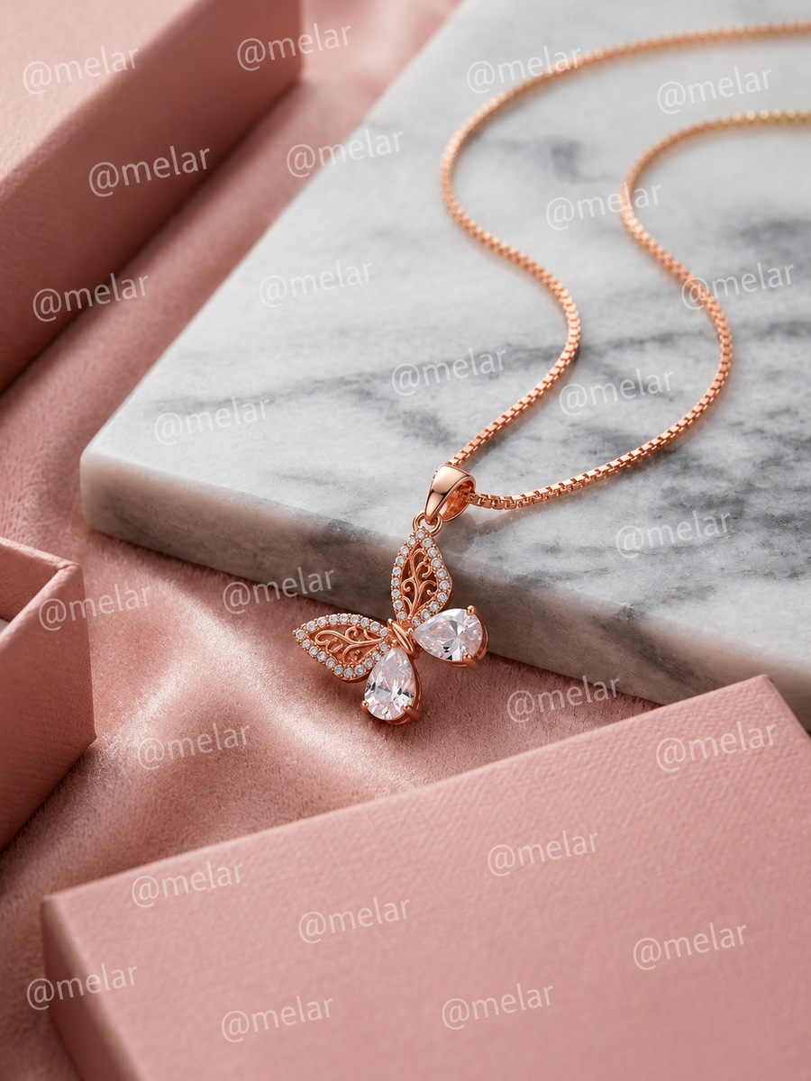 Rose Gold Butterfly Pendant Chain with CZ Stones