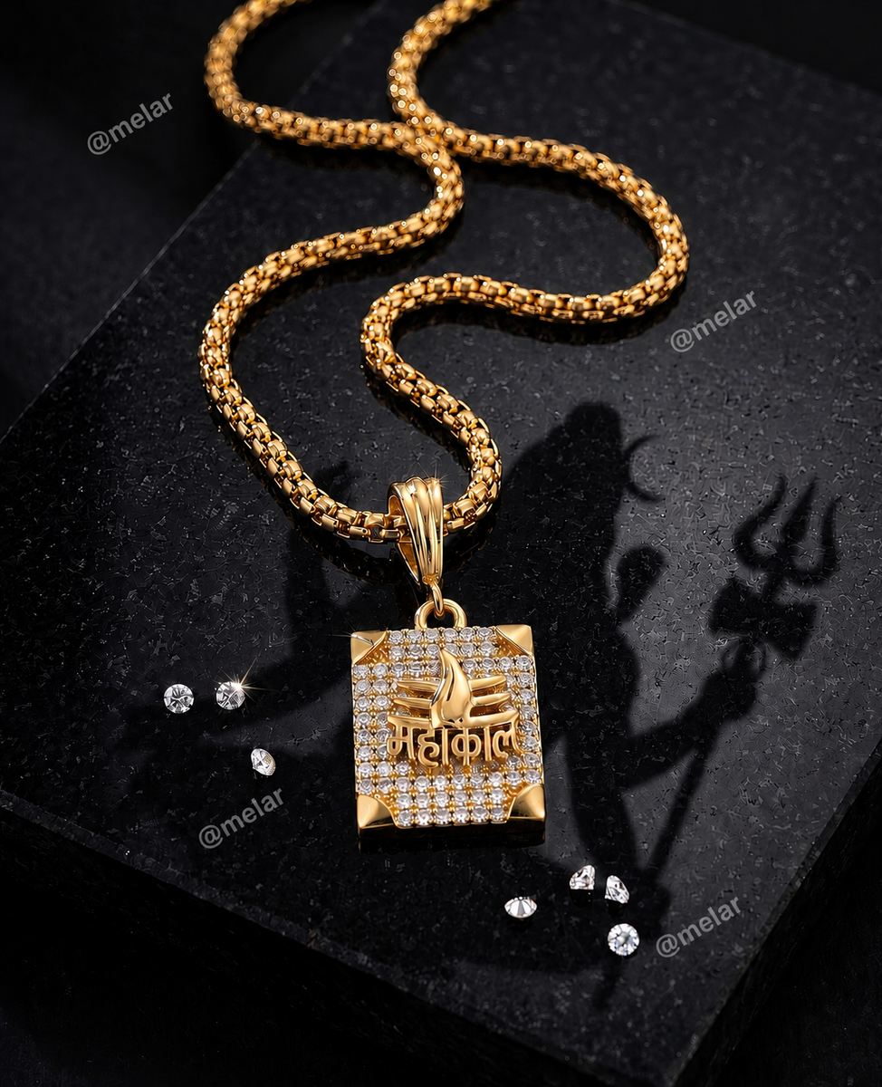 Mahakal Gold Plated Pendant Chain with CZ Stones