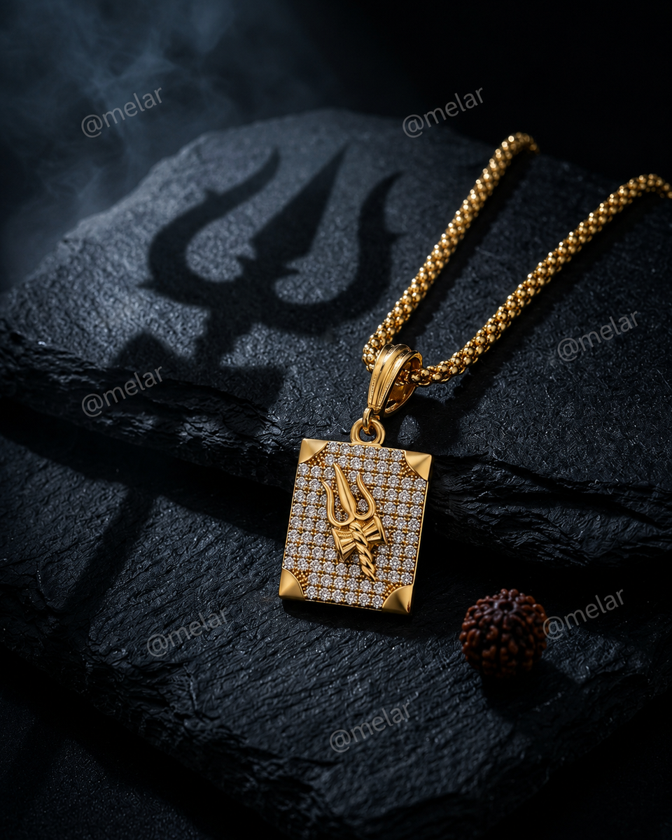 Mahakal Trishul Gold Plated Pendant Chain with CZ Stones
