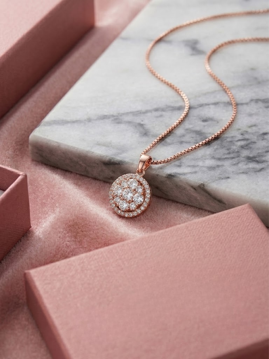 Rose Gold Sparkling CZ Round Pendant Necklace