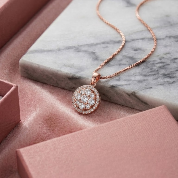 Rose Gold Sparkling CZ Round Pendant Necklace