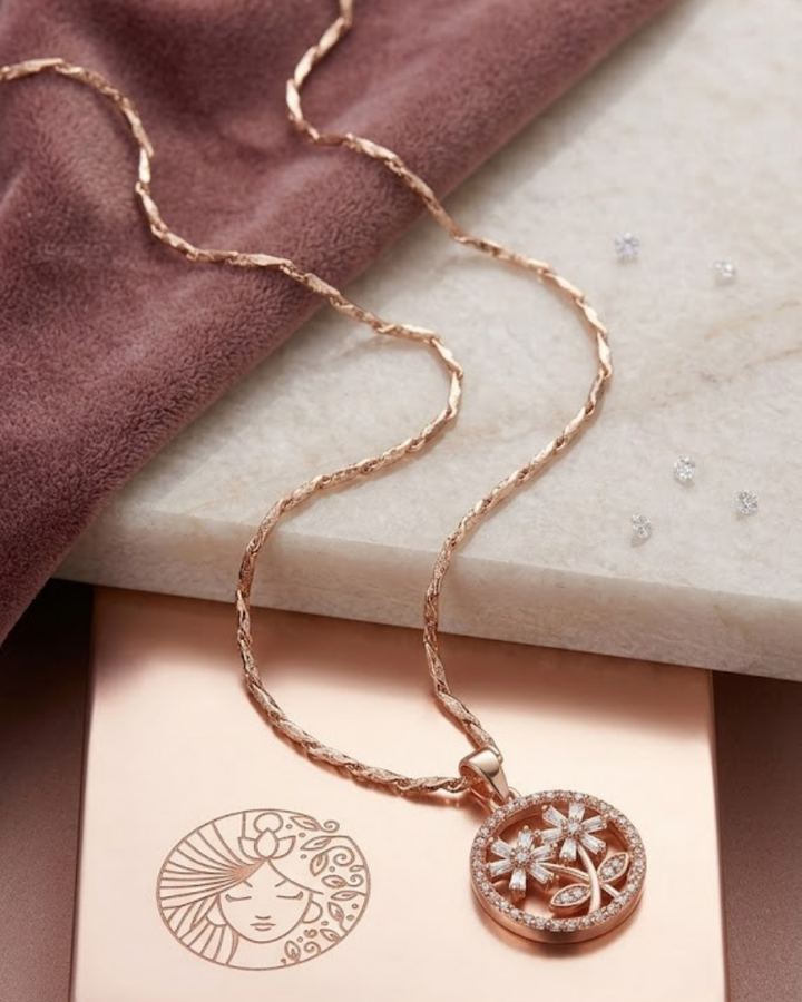 Rose Gold Floral CZ Pendant Necklace