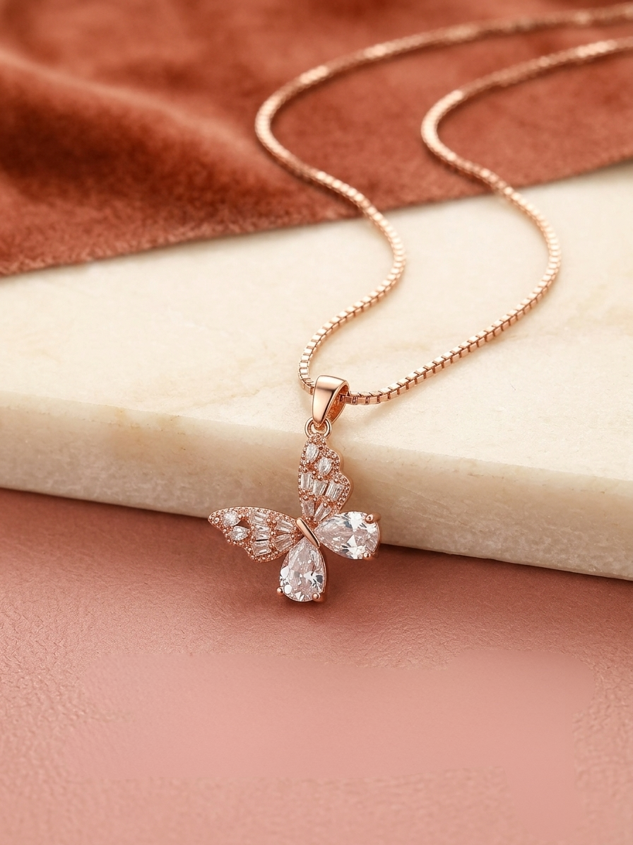 Rose Gold Butterfly Pendant Chain with CZ Stones