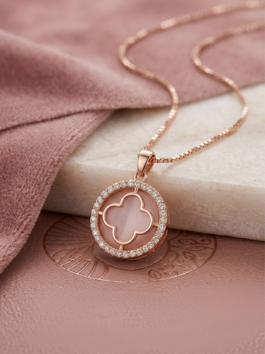 Elegant Clover Rose Gold Plated Pendant Chain with CZ Stones