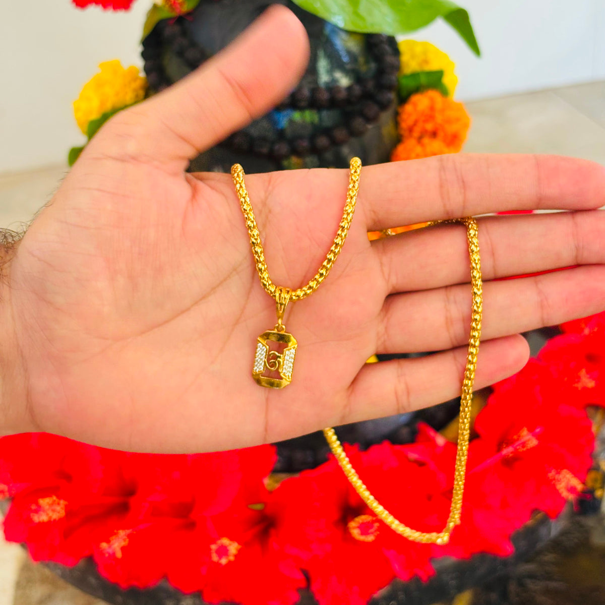 Om Gold Plated Pendant Chain with CZ Stones