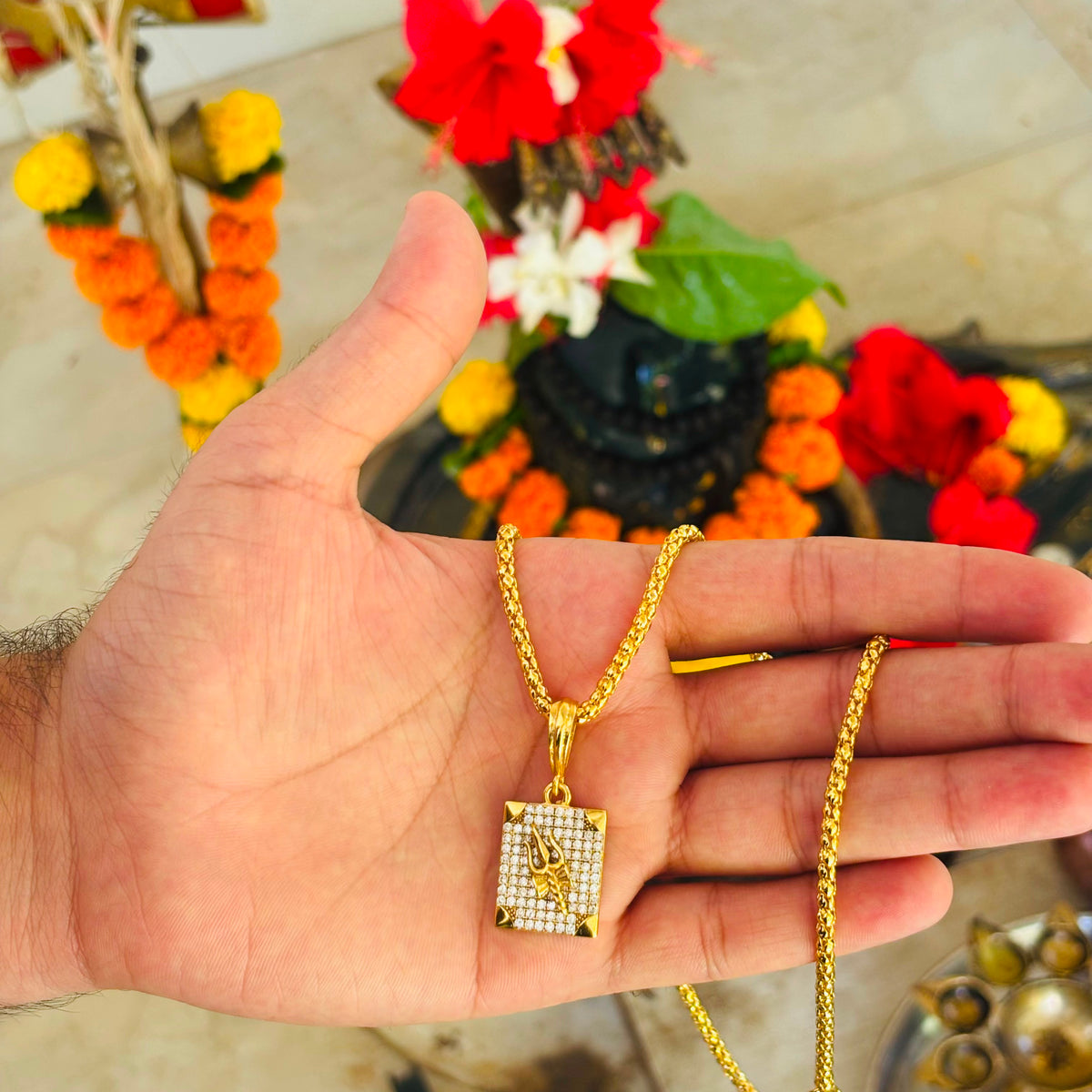 Mahakal Trishul Gold Plated Pendant Chain with CZ Stones