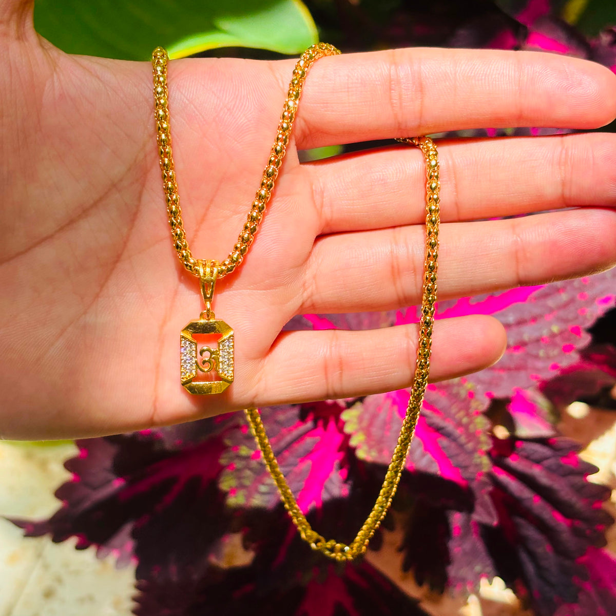 Om Gold Plated Pendant Chain with CZ Stones